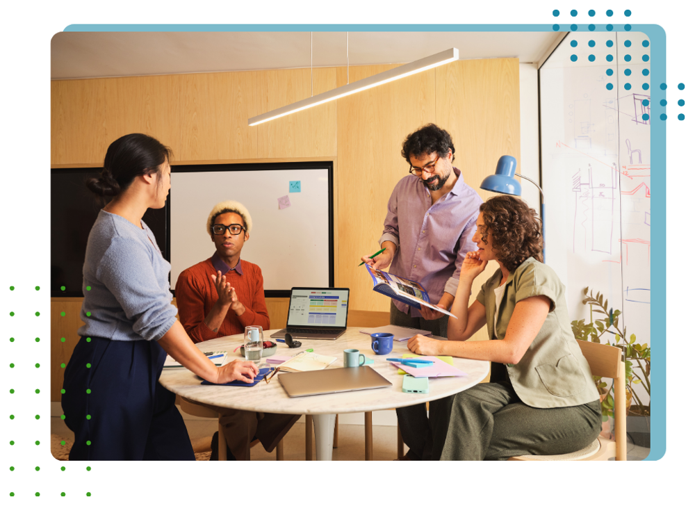 A bright, diverse team collaborating, framed in the brand style